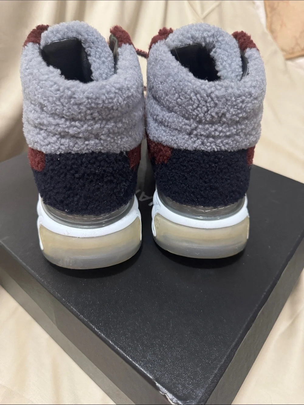 CHANEL womens Burgundy & Gray Shearling High-Top Sneakers